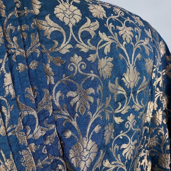 Pep's Cannes Versailles Mini Dress Jacquard Blue Teal Gold Belt Pleated Ruffled - Picture 13 of 16